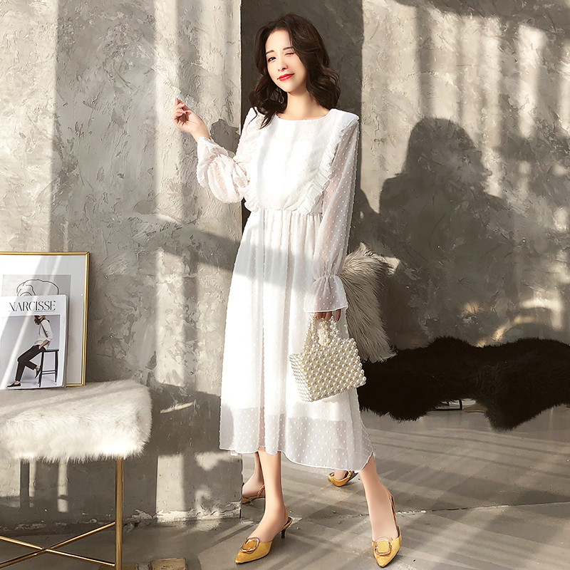 BGTEEVER Ruffles Polka Dot Women Chiffon Dress Elastic Waist Flare Sleeve Female Long Vestidos Aline White Dress T200128