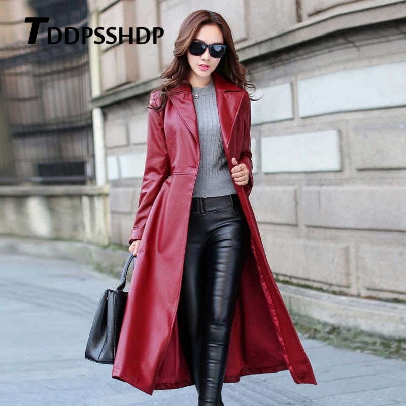 Black and Red Color Long Spring Thick Women Leather Coat Long Sleeve Waist Strap Pocket Female Jacket 201029