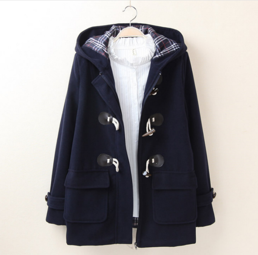 Duffle Coat Long Turn Down Horn Button Hooded Collar Woolen Overcoat Wide Waisted manteau femme Out Wear winter coats A248 201216