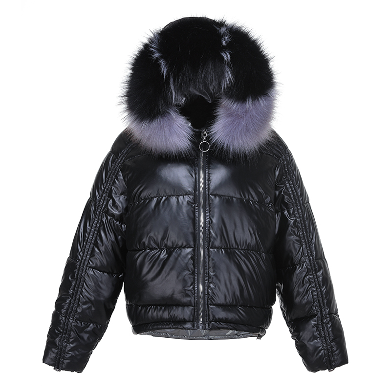Women Parkas Hooded Jacket Coats Short Glossy Down Cotton Parkas Female Big Fur Collar Shiny Warm Thick outwear 200928