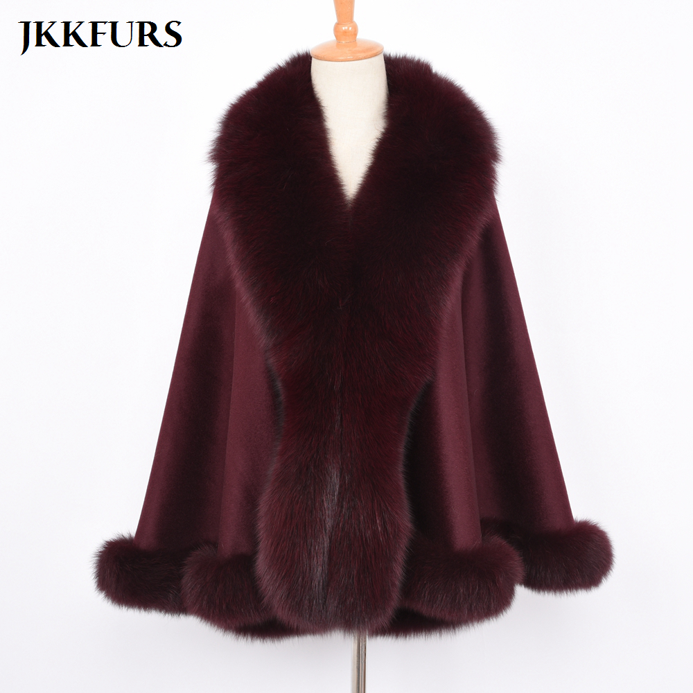 JKKFURS Women's Poncho Genuine Fox Fur Collar Trim & Cashmere Cape Wool Fashion Style Autumn Winter Warm Coat S7358 201103