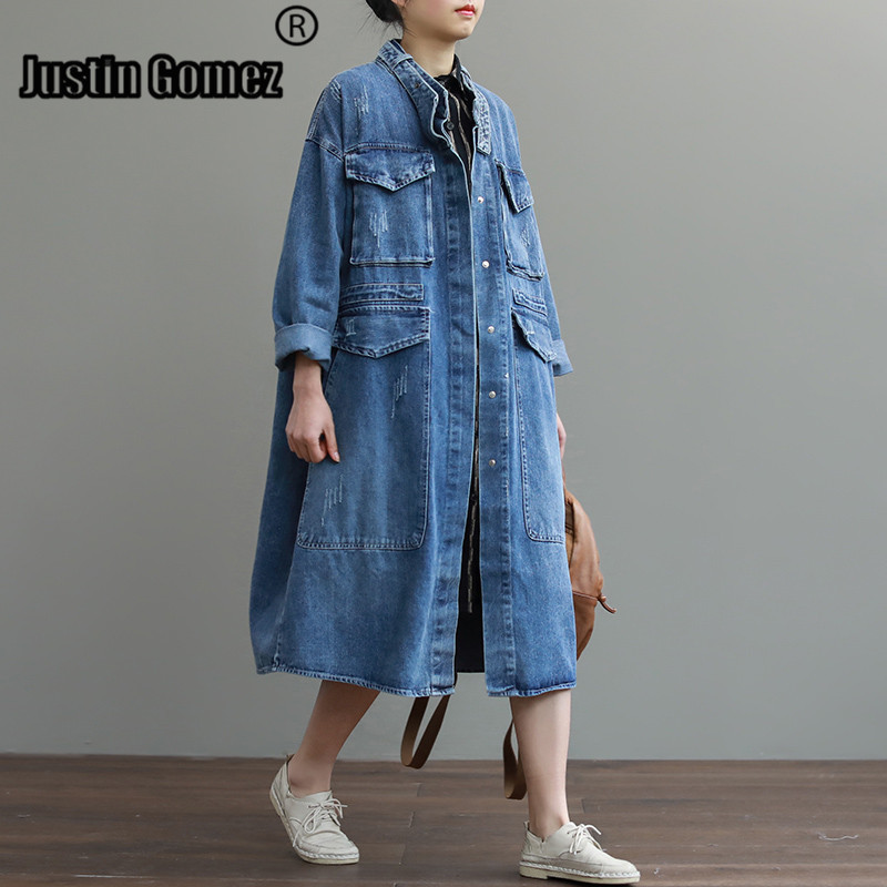 Cheap Oversize Casual Cowboy Trench Coat for Women Loose Outwear Long Denim Jean Coat Single-breasted Pocket Female Clothes 201111