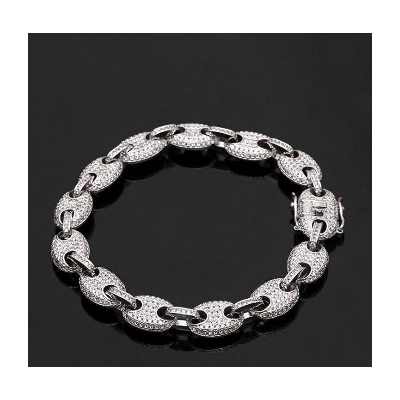 Paper Clip Coffee Bean Lock Clasp Link 78 Inch Bracelet Iced Out Zircon Bling Hip Hop Men Jewelry Gift Beaded Charms Bracelets P0