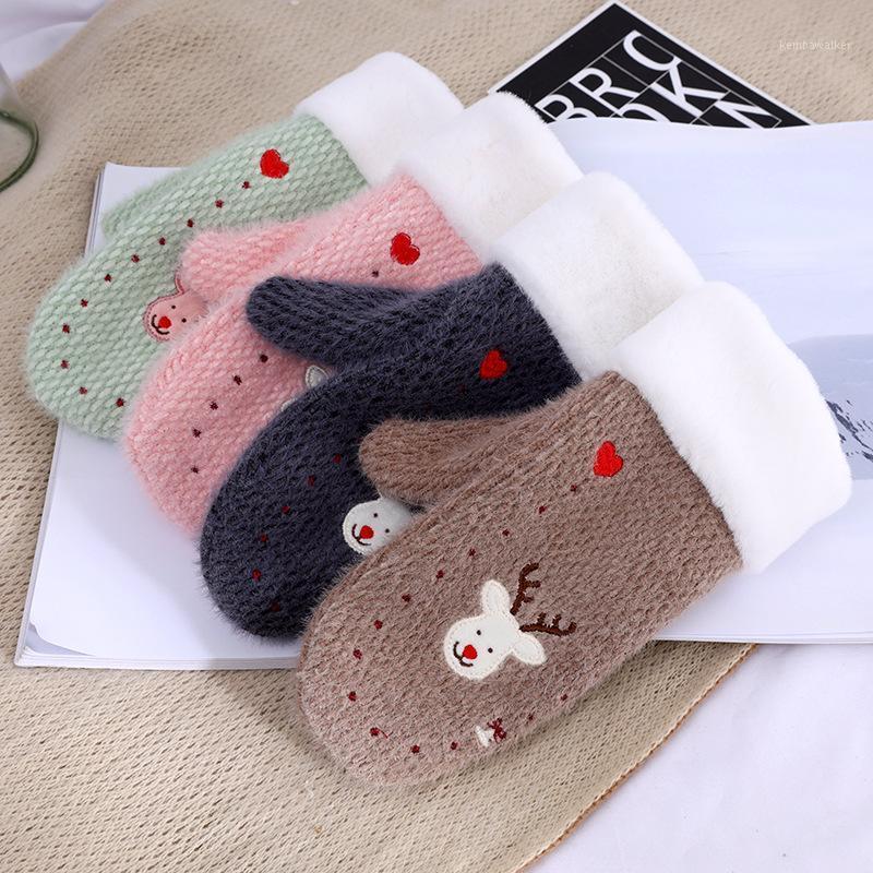 

Five Fingers Gloves 2021 Cashmere Plush Warm Mittens Thicken Plus Velvet Women Knitted Cute Embroidery Cartoons Elk Full Gloves1