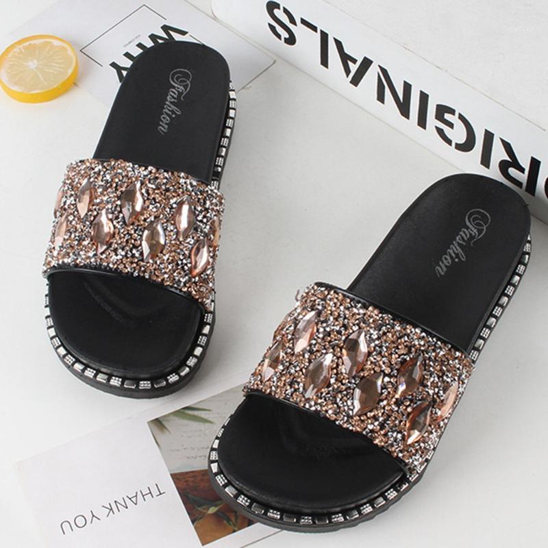 Women shoes Crystal Bling sequins slippers Summer Elegant Flat Slipper for Beach Shoes zapatos de mujer zapatos#03161, Gold