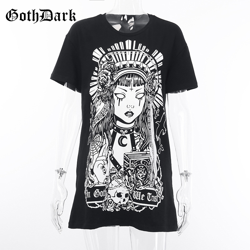 Goth Dark Grunge Black Print T-shirts Gothic Loose Punk Harajuku Streetwear Summer 2019 T-shirt Female Fashion Aesthetic T shirt T200107