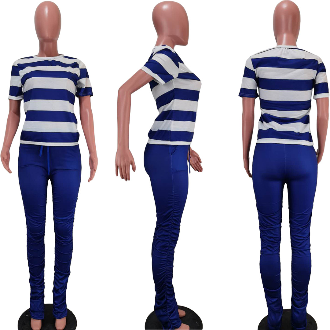 Fashion women's color matching hip-lifting slim-fit pleated micro-flared pants two-piece