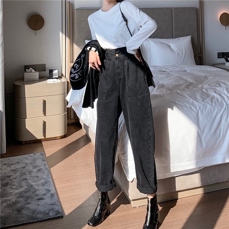 Vintage Boyfriend Jeans Women Wide Leg Straight Loose High Waist Jeans Mujer Plus Size Black Blue Denim Pants Chic 201106