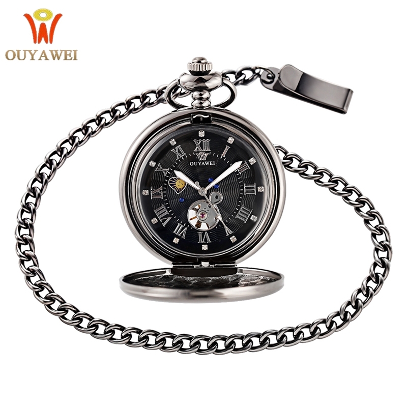 OUYAWEI Vintage Pocket Watch Black Case Hollow Dial Moon Phase Function Hand Wind Mechanical Fob Watch T200502, Silver 
OUYAWEI Vintage Pocket Watch Black Case Hollow Dial Moon Phase Function Hand Wind Mechanical Fob Watch T200502, Silver