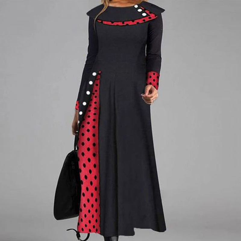Vintage Maxi Dresses Sexy Double-layer Polka Dot Print Long Dress Women Autumn Buttoned Patchwork Party Dress Winter Long Sleeve 201125
