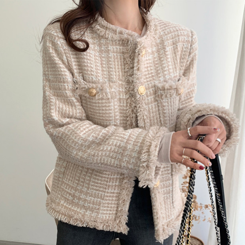 OCEANLOVE Plaid Elegant Chaqueta Mujer Korean Autumn Office Lady Fashion Winter Jackets Women Tassel Vintage Tweed Coat 18545 201029