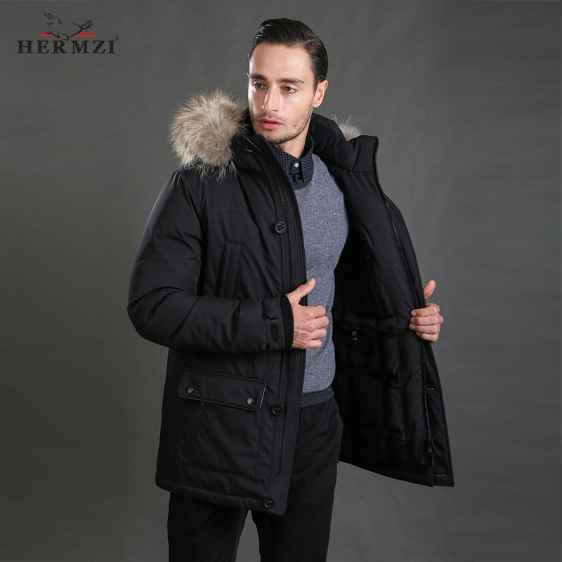 HERMZI Winter Coat 80% Duck Thick Warm Men Long Jacket Down Parka Alaska Real Raccoon Fur 201104