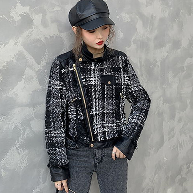 Small winter sweet wind fashion stitching lattice tweed PU leather brief paragraph coat dress 201030