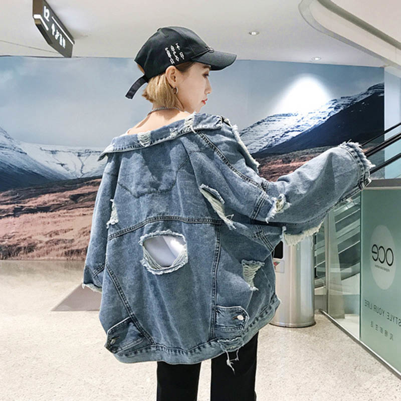 Spring & Autumn Long Sleeve Outerwear Women'S Denim Jacket Jean Parka Coat Ripped Hole Pockets Oversize Female Clothing T200319