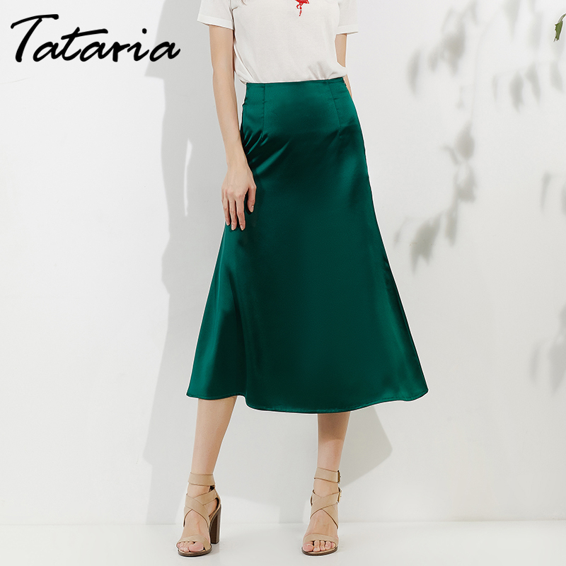 Tataria High Waisted for Silk Satin ALine Elegant Skirts Women Midi Skirt New Korean Style T200324