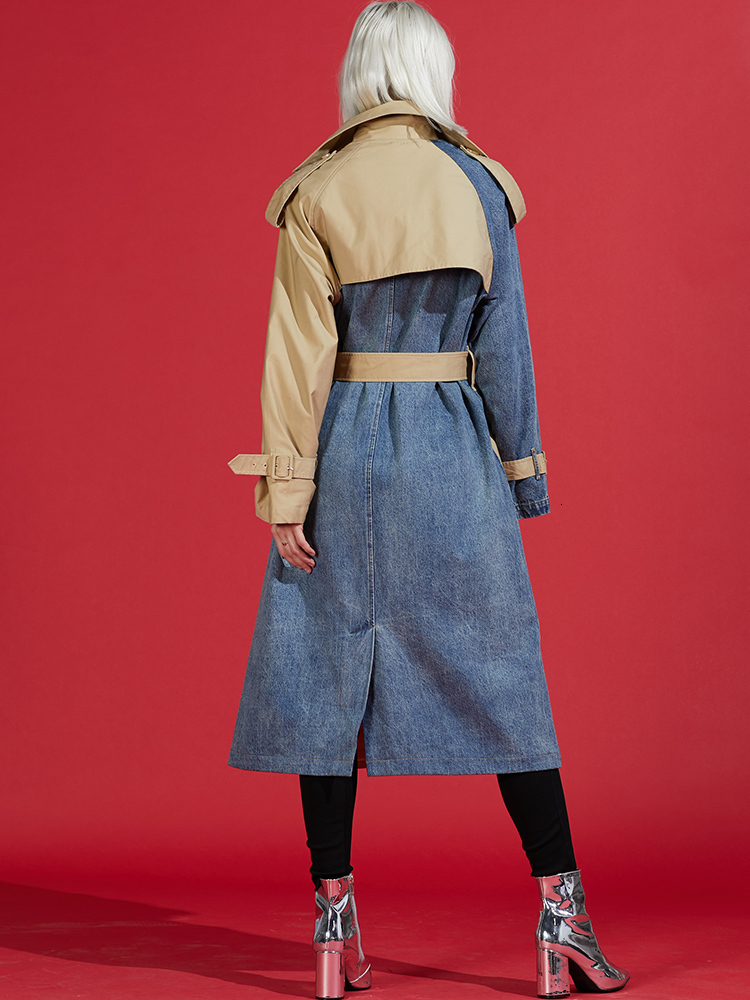 LANMREM autumn New Products Turndown Collar Spliced Denim Patchwork Windbreaker Female Trench WJ26604M 201111