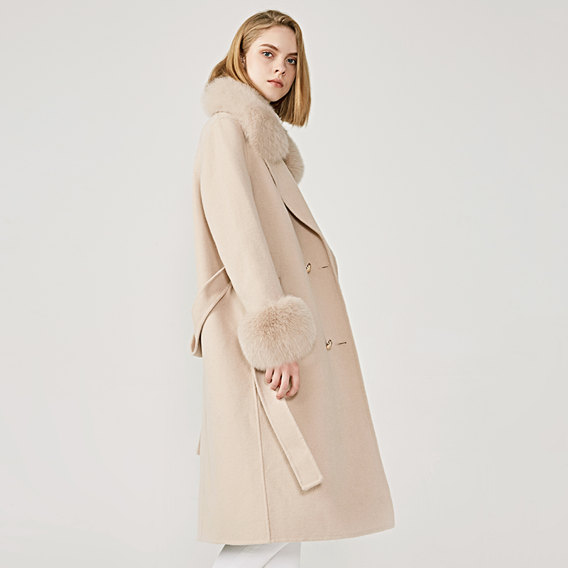 Women's Wool Coat Spring Real Fox Fur Collar Woolen Jacket Adjustable Waist Slim Ladies Long Overcoat 201222