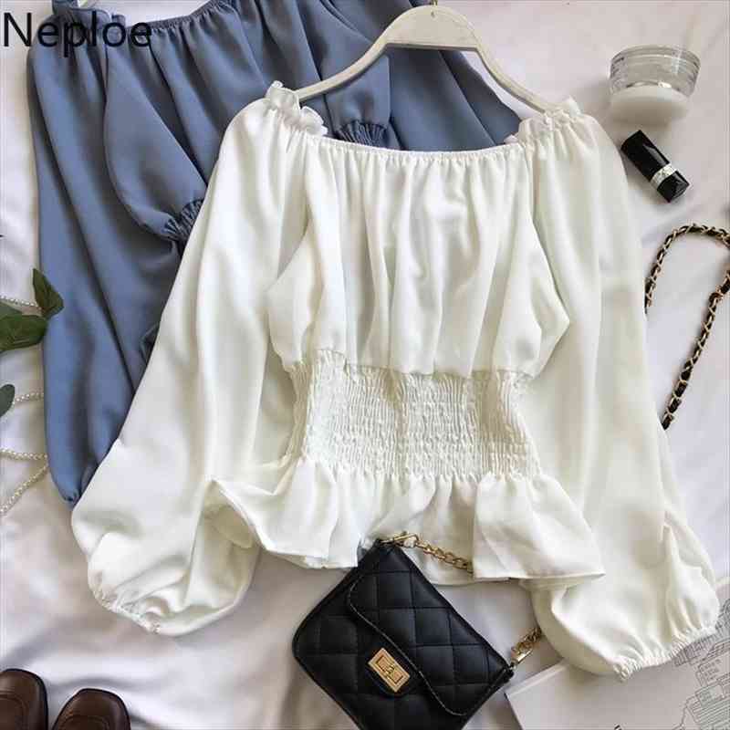 chiffon women shirts fashion salsh neck lantern sleeve blouse summer korean slim waist ruffles blusa 44183, White 
chiffon women shirts fashion salsh neck lantern sleeve blouse summer korean slim waist ruffles blusa 44183, White