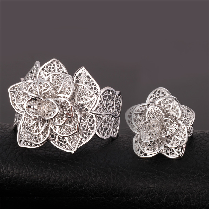 U7 Vintage Big Bracelets Cuff Bangles And Ring Gold Color Exquisite Pattern Flower Jewelry Set For Women Wedding Gift S561 201222