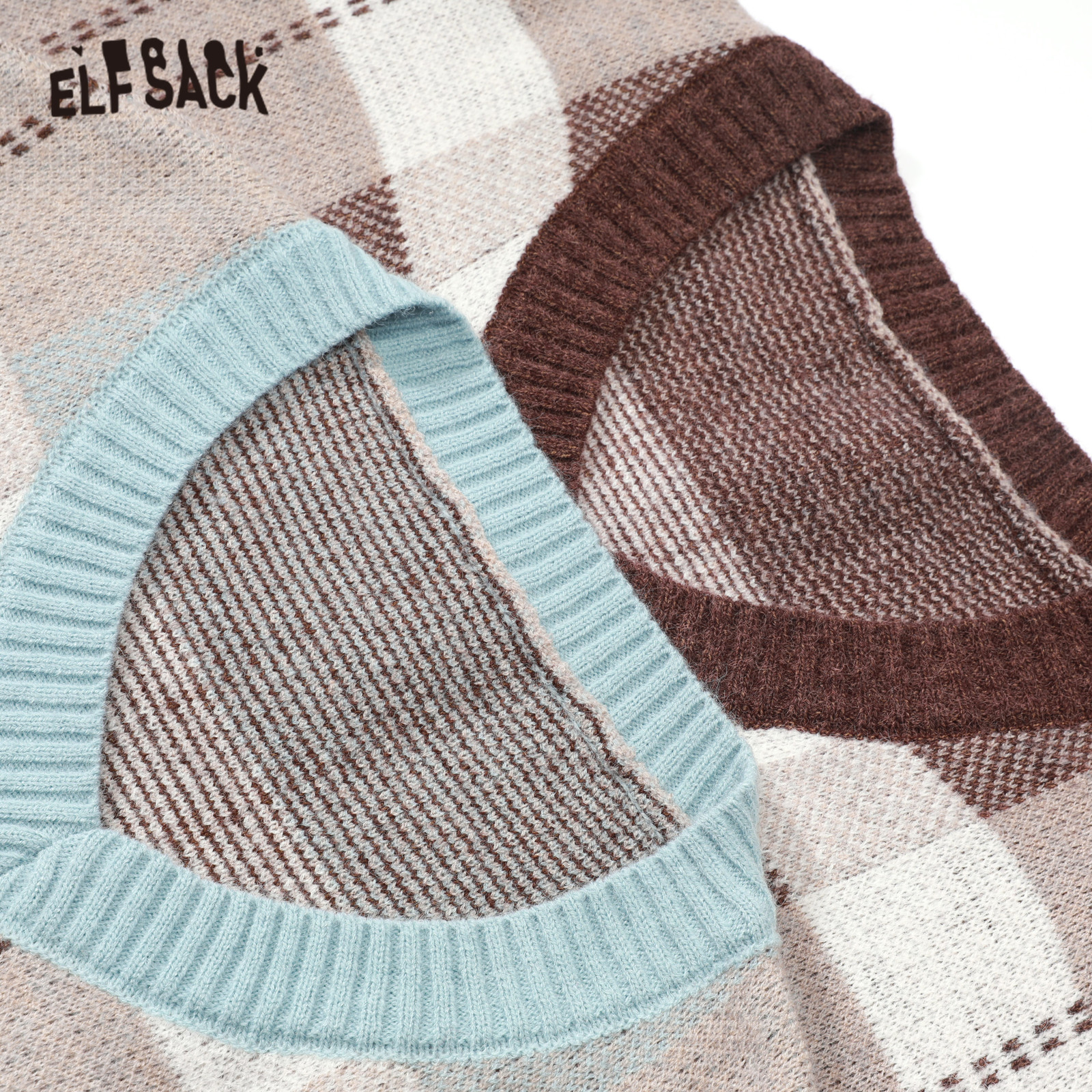 ELFSACK Brown Plaid British Style Jersey Pullover Sweater Women Spring Blue Vintage Long Sleeve Ladies Casual Daily Top 201222