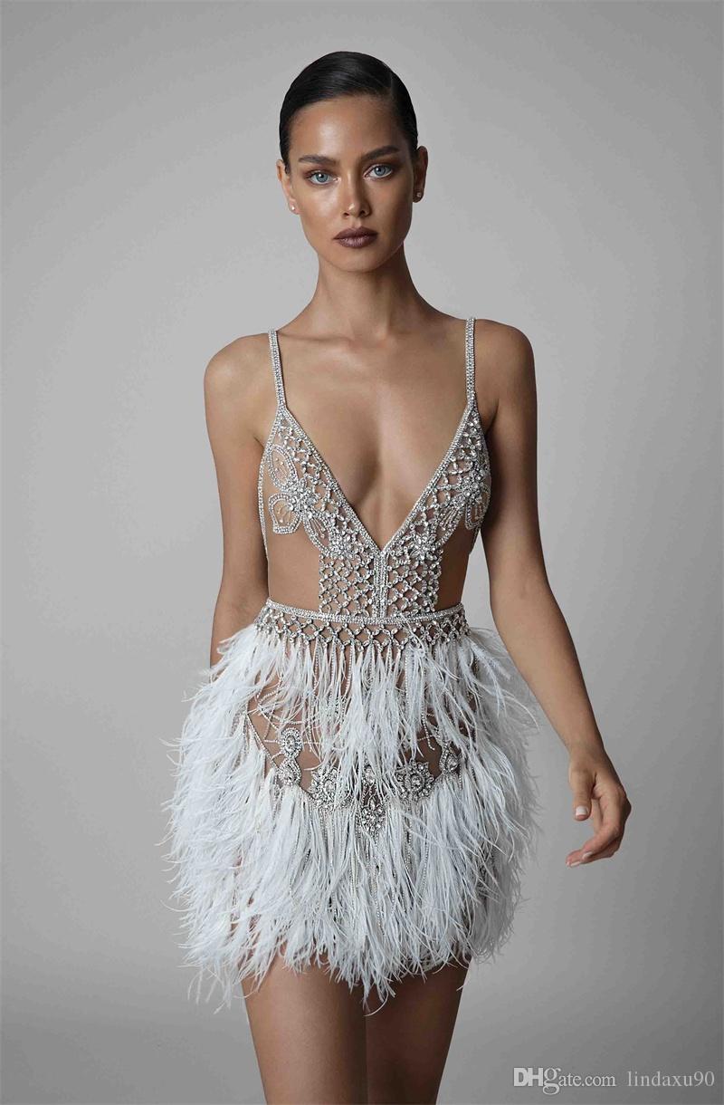 Berta Feather Cocktail Dresses Backless Spaghetti Neck Crystal Beads Prom Dress See Through Sexy Mini Evening Gowns