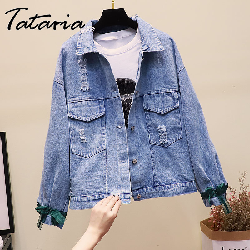Women Embroidery Flowers Denim Jacket Turndown Collar Jean Jacket for Women Loose Casual Ripped Holes Jean Coat Female Outwear 201112
