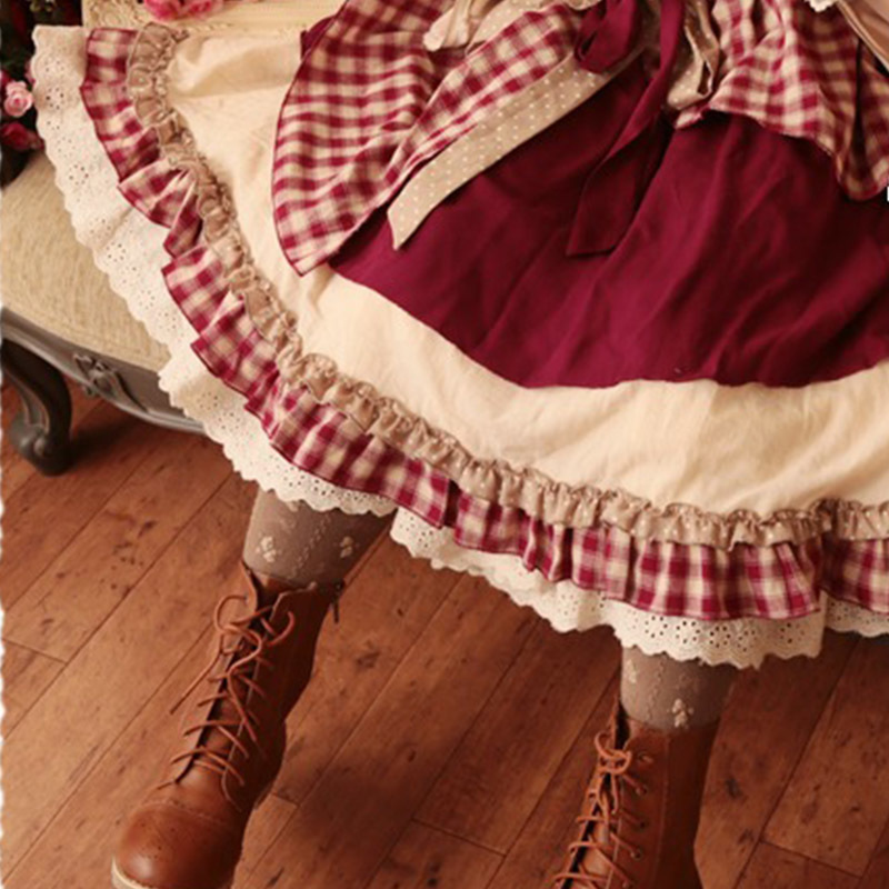 Spring Mori Girl Sweet Skirt Women' Multi Layer Patchwork Lace Vintage Plaid Lovely Cotton Lolita Female Pleated Skirts T248 T200113