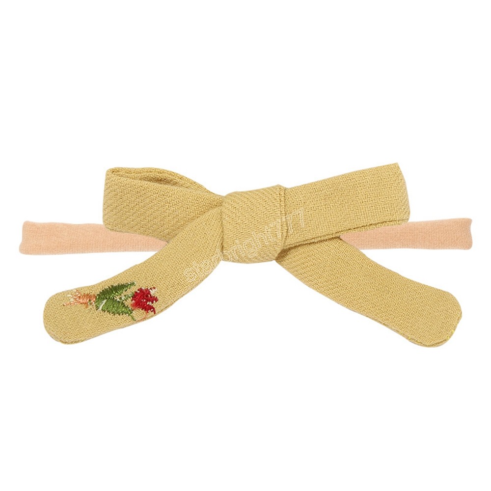 Fashion Embroidered Flowers Cotton and Hemp Bowknot Traceless Nylon Headband Baby Girls Cute Bows Hairband Infant Birthday Gifts
