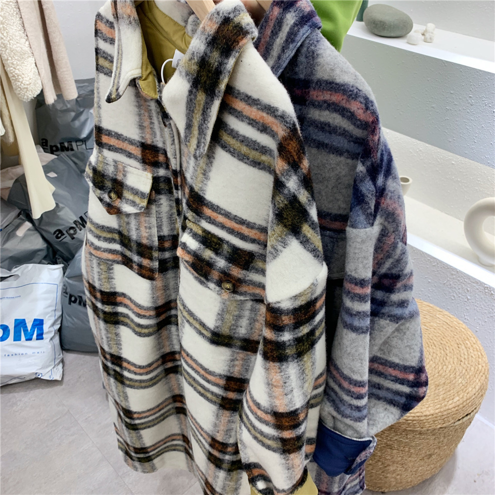 New Plaid Profile Lapel Woolen Mid-length Female Coat 201216