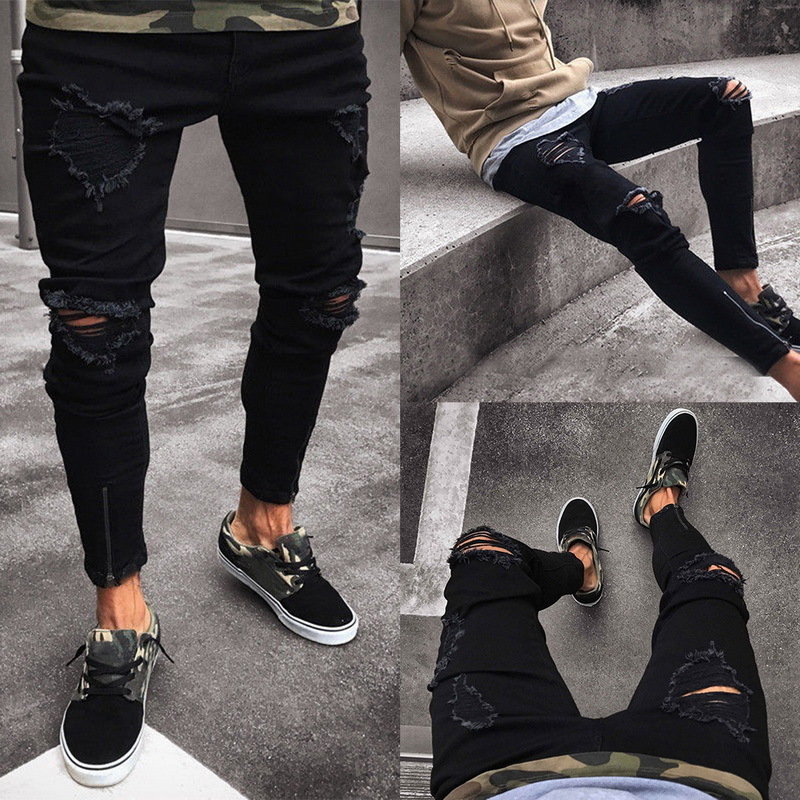 Oeak Mens Fashion Skinny Destroyed Denim Patch Pencil Pants Ripped Hole Slim Fit Zipper Black Elastic Jeans 201111