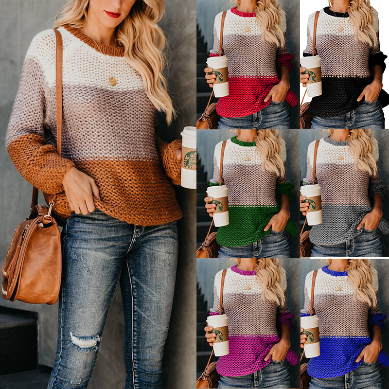 Long Sleeve Mohair ColorBlock Sweater Winter Autumn Woman Sweaters Pullovers Casual Knitted Striped Fuzzy Fluffy Sweater 201111