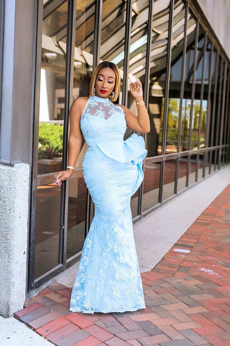 Light Sky Blue Lace Mermaid Prom Dresses Jewel Neck Peplum Evening Gowns Beaded Sleeveless Floor Length Black Girl Formal Dress