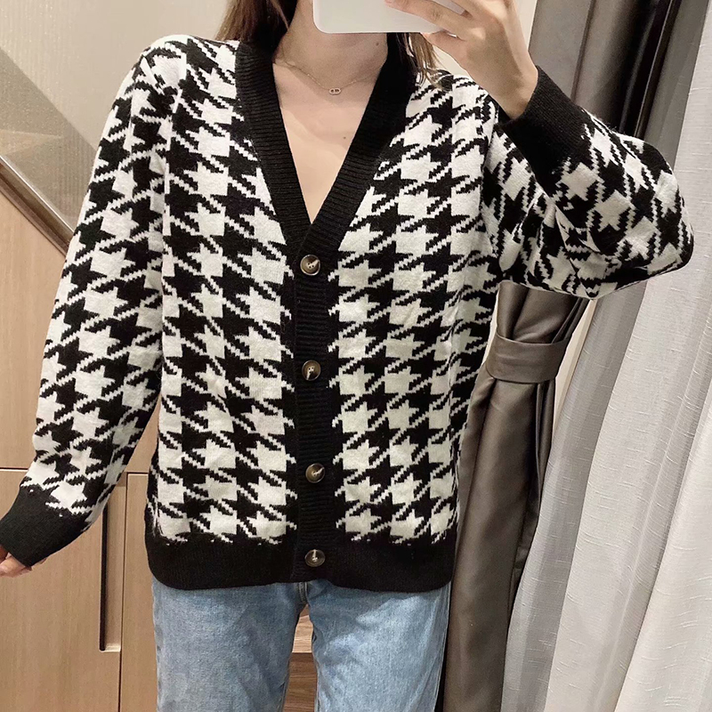 Evfer Women Autumn Casual Houndstooth Black Knitted Cardigans Sweater Laides Fashion V-neck Long Sleeve Plaid Sweaters Chic 201221