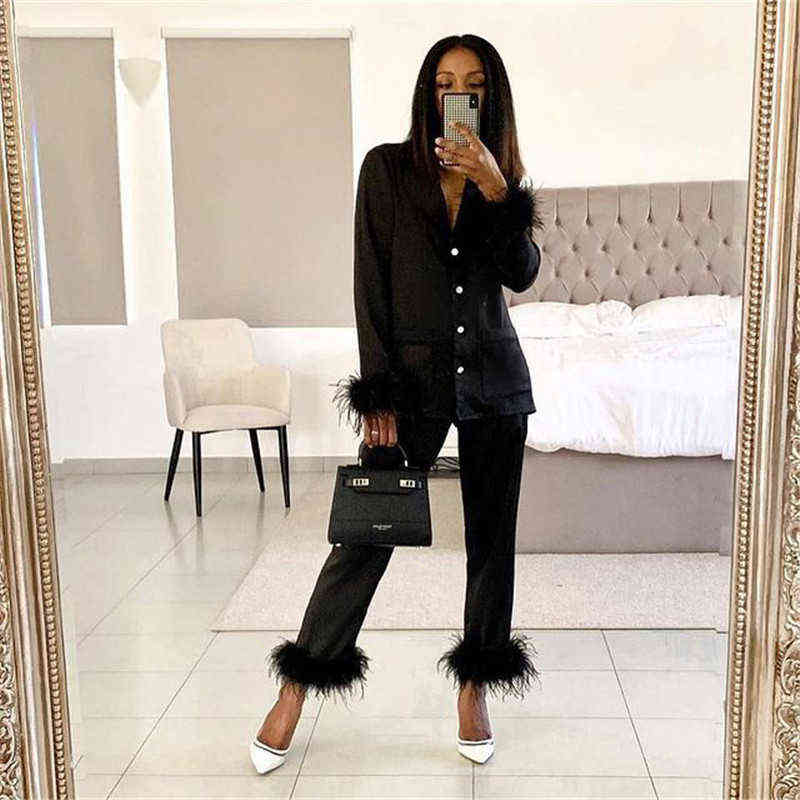 Trendy Women Pajamas Set Autumn Casual Lapel Tops + Feather Pants Suits Sexy Lingerie Nightwear Silk Satin Pyjamas pjs Suit 2Pcs X220214