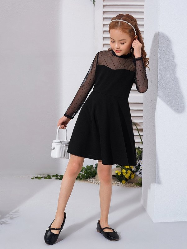 Girls Sheer Mesh Yoke And Sleeve Dress SHE