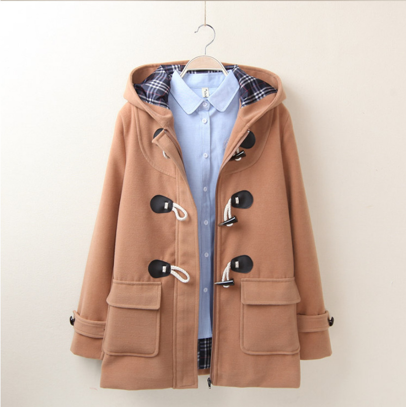 Duffle Coat Long Turn Down Horn Button Hooded Collar Woolen Overcoat Wide Waisted manteau femme Out Wear winter coats A248 201216