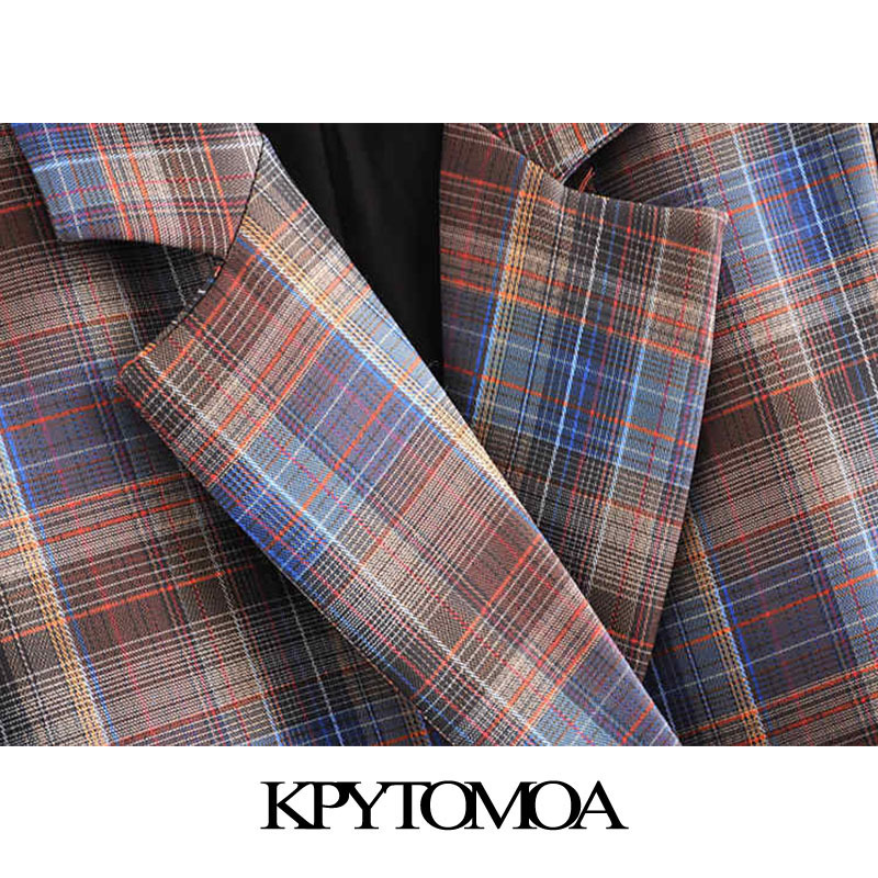 Vintage Stylish Double Breasted Plaid Blazer Coat Women Fashion Long Sleeve Pockets Office Wear Female Outerwear Chic Tops 201114