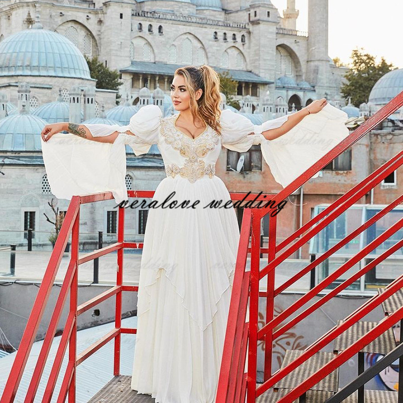 Traditional Kosovo vestidos formales Arabic Wedding Dress Chiffon Sexy Bridal Party Gowns Long Sleeves Robe de Soirée