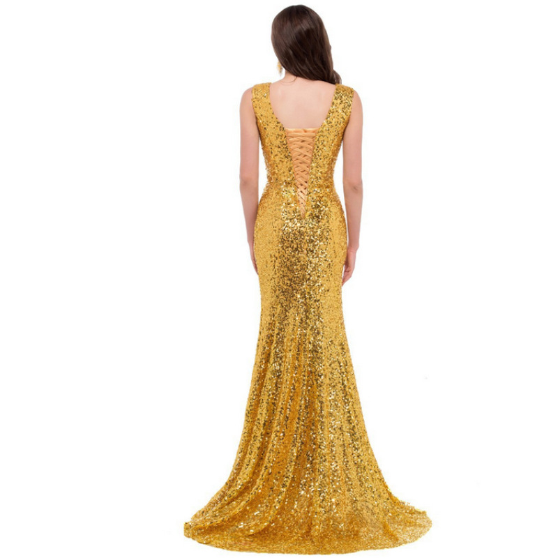 2022 Glitter Bright Gold Sequined Mermaid Evening Dresses For Women Sleeveless V Neck Long Formal Party Gowns Elegant Shiny Lady Prom Dress Special Oc