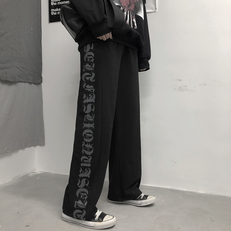 Black Casual Pants Women Men High Waist Loose Straight Wide Leg Pants Gothic Letter Print Korean Style Streetwear Trousers T200422