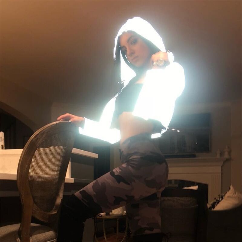 InstaHot Hooded Drawstring Zip Up Jacket Women Cool Gray Reflective Light Loose Crop Tops Long Sleeve 2018 Fashion Open Stitch T200111