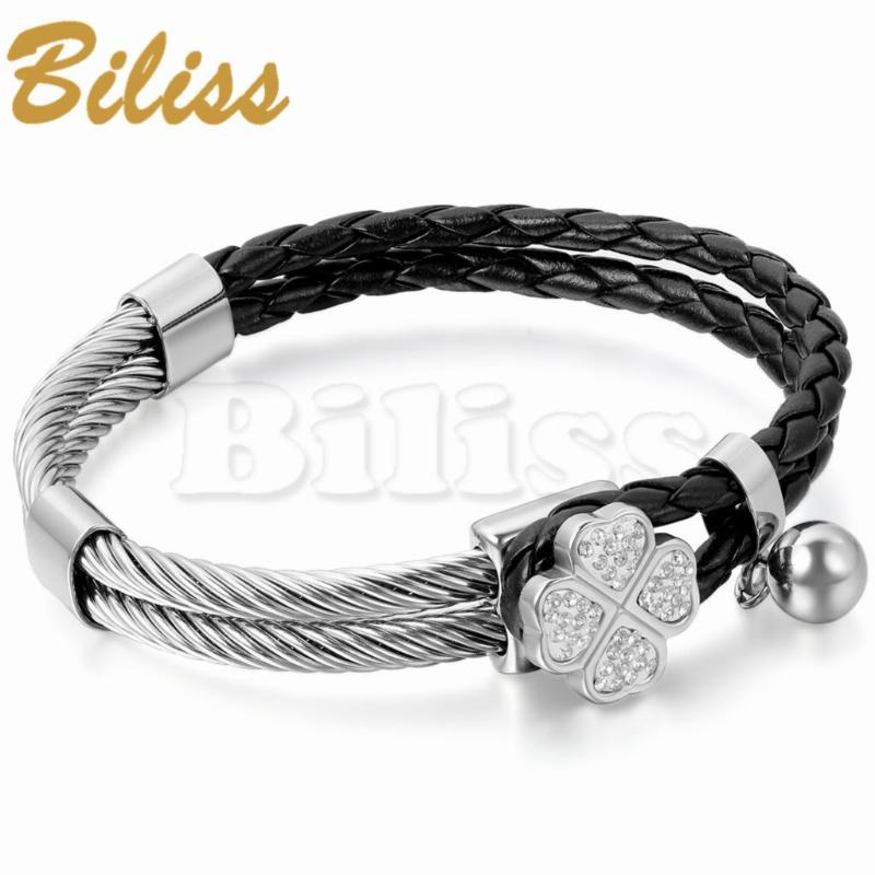 Fashion Womens Braided Leather Stainless Steel Bracelet Rhinestone Clover Black Silver Color 21cm pulseira de couro
Fashion Womens Braided Leather Stainless Steel Bracelet Rhinestone Clover Black Silver Color 21cm pulseira de couro