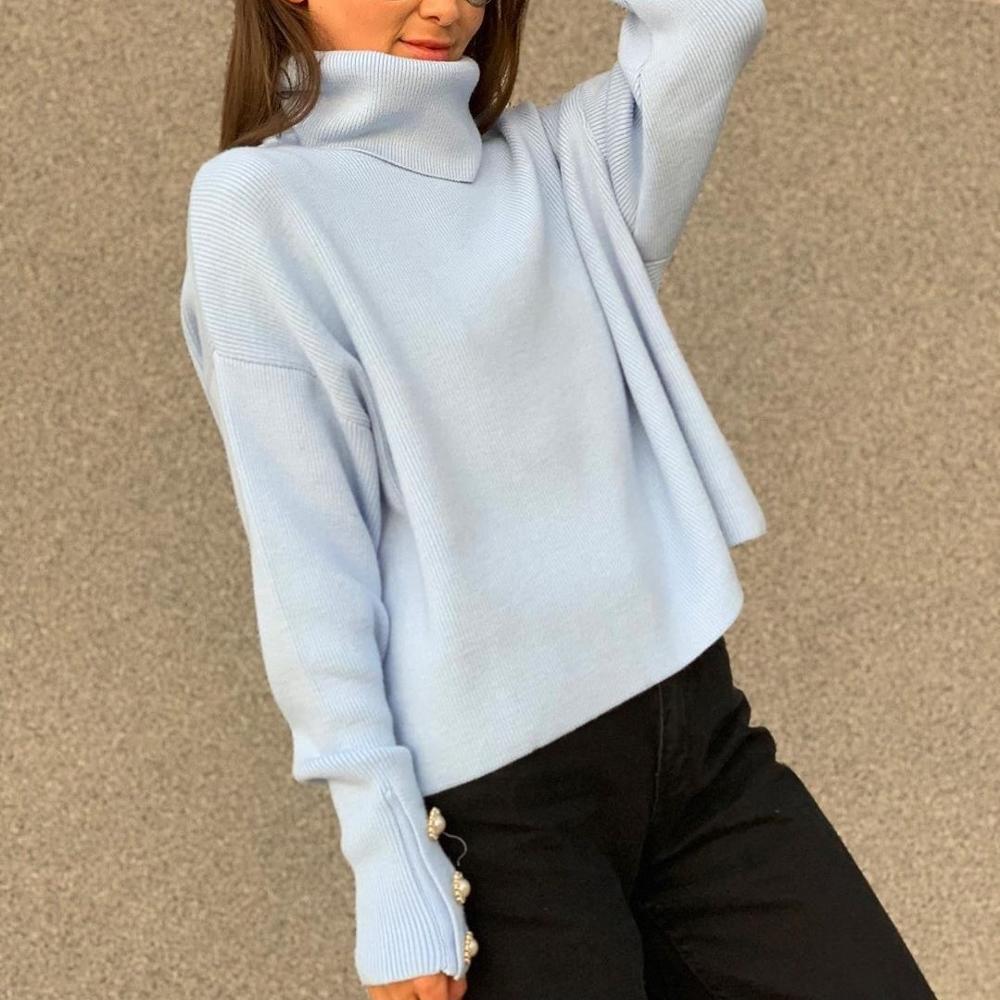 Winter Women Knitted Turtleneck Pearl buttons Basic Soft Warm Cosy Drop Shoulder Sleeve Pullover Jumper Women Sweater 2020 LJ201126