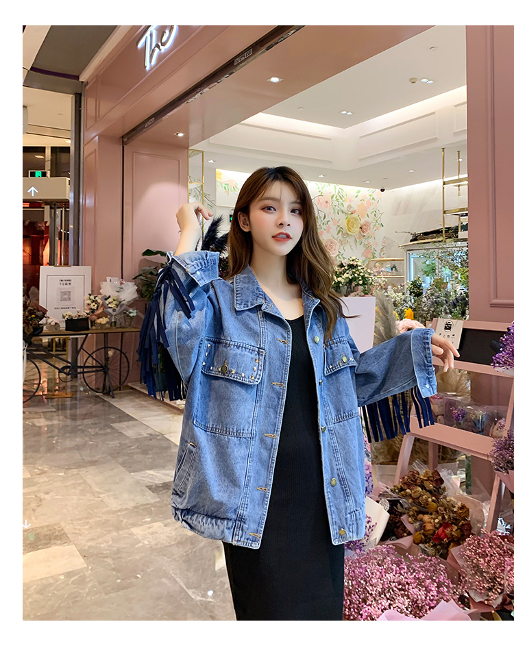 Seiwnibu Punk Boho Tassel Embroidery Denim Jacket Women Blue Loose Rivet Pocket Oversize Moto Biker Female Spring Jean Jacket 201106