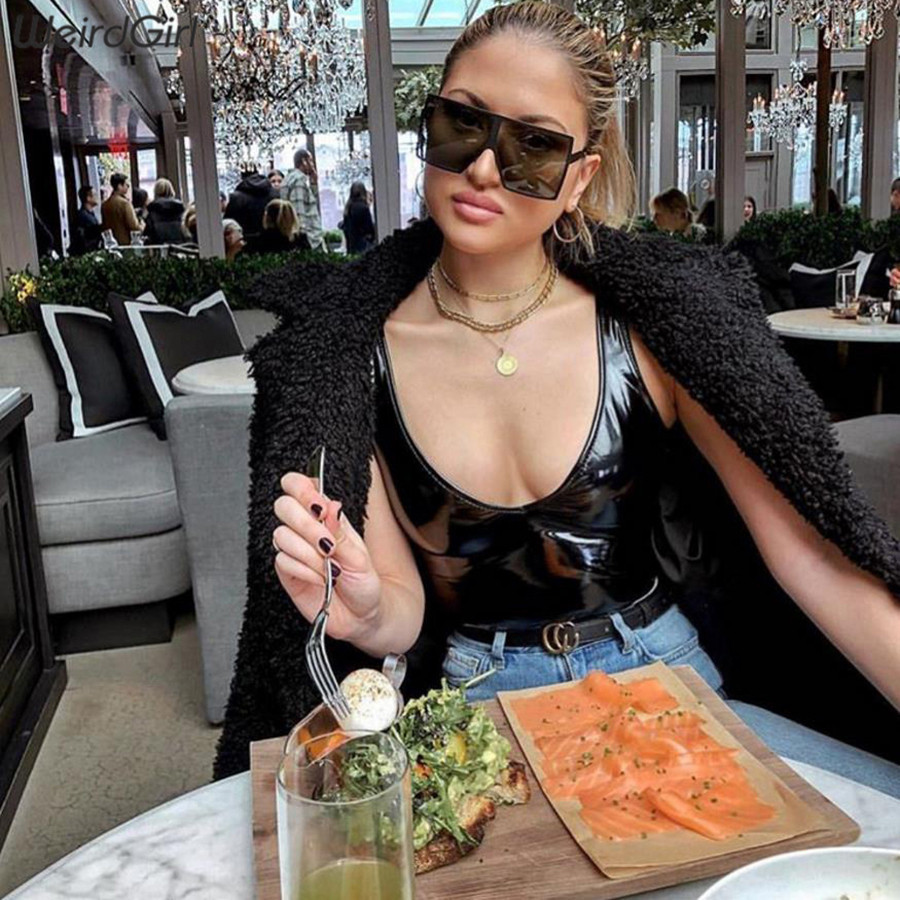 Women pu leather Bodysuits Sexy Party Black vneck Skinny Sleeveless Spring Highstreet Spaghetti Strap Rompers New T200116