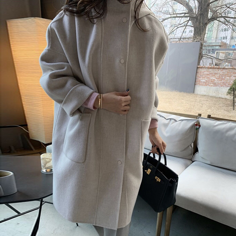 GALCAUR Thick Tweed Coat For Women Hooded Collar Long Sleeve Loose Pockets Oversized Elegant Coats Female Autumn Clothing 201103