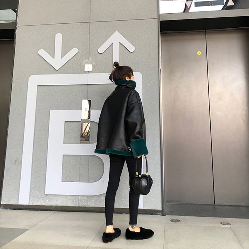 Winter Bomber Jacket Women New Stitched Lamb Fur Motorcycle Overcoats Fashion Outerwear Women Leather Jacket Winter Coats 201020