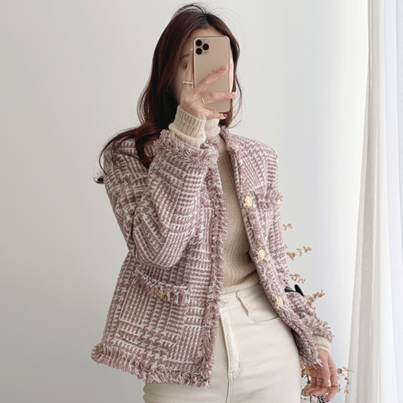 OCEANLOVE Plaid Elegant Chaqueta Mujer Korean Autumn Office Lady Fashion Winter Jackets Women Tassel Vintage Tweed Coat 18545 201029
