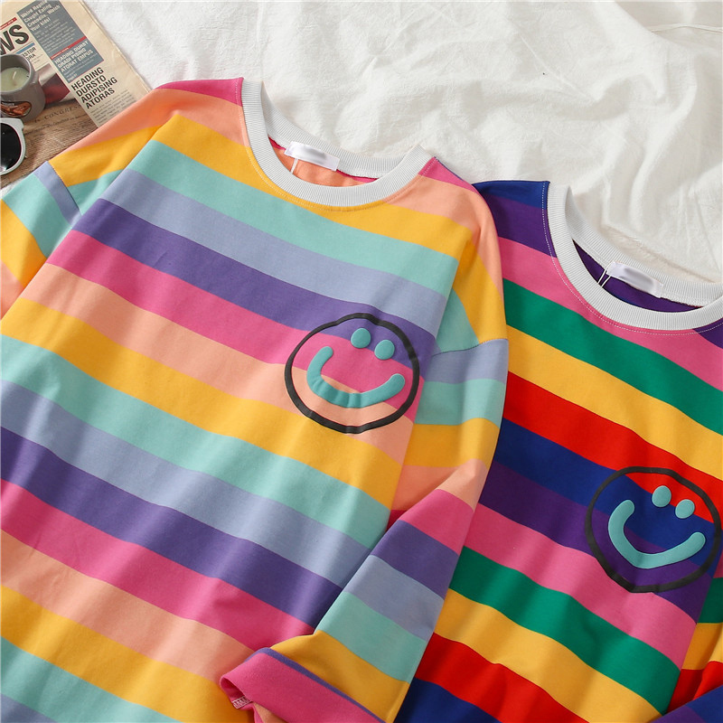 Long Sleeve O-Neck T-Shirt Women Rainbow Striped New T-Shirt Female Korean Loose Oversize Shirt Plus Size Top Fashion Casual Tee 201028