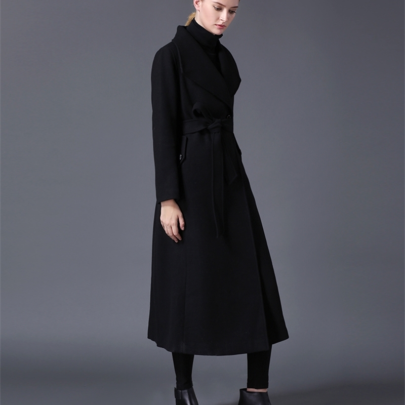winter women's wool coat lapel black dark blue long section listing large size 201223